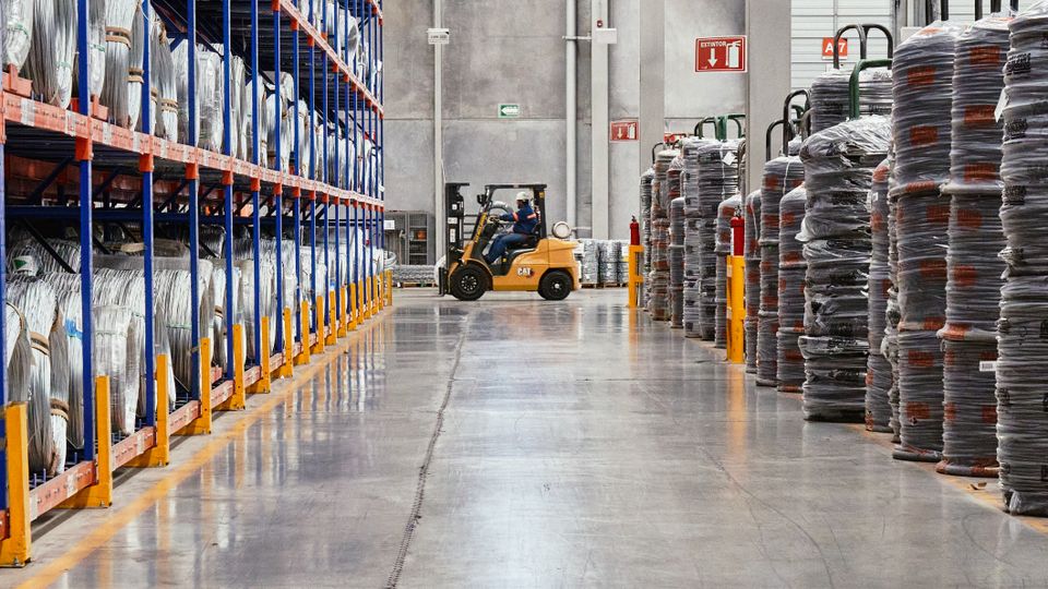 Forklift moving palletized freight in a warehouse